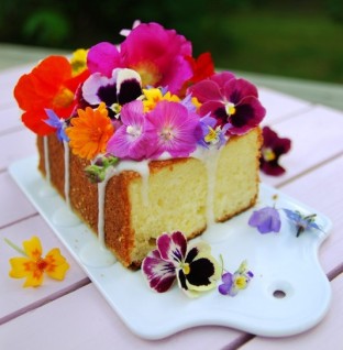 Lemon cake with edible flowers ©Via Citronkaka med blomsterprakt | Mat